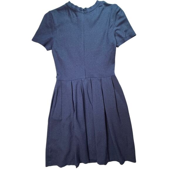 Hutch Anthropologie Navy Ponte Fit & Flare Dress Short Sleeve Pleated Skirt Sz 4 - Picture 2 of 11